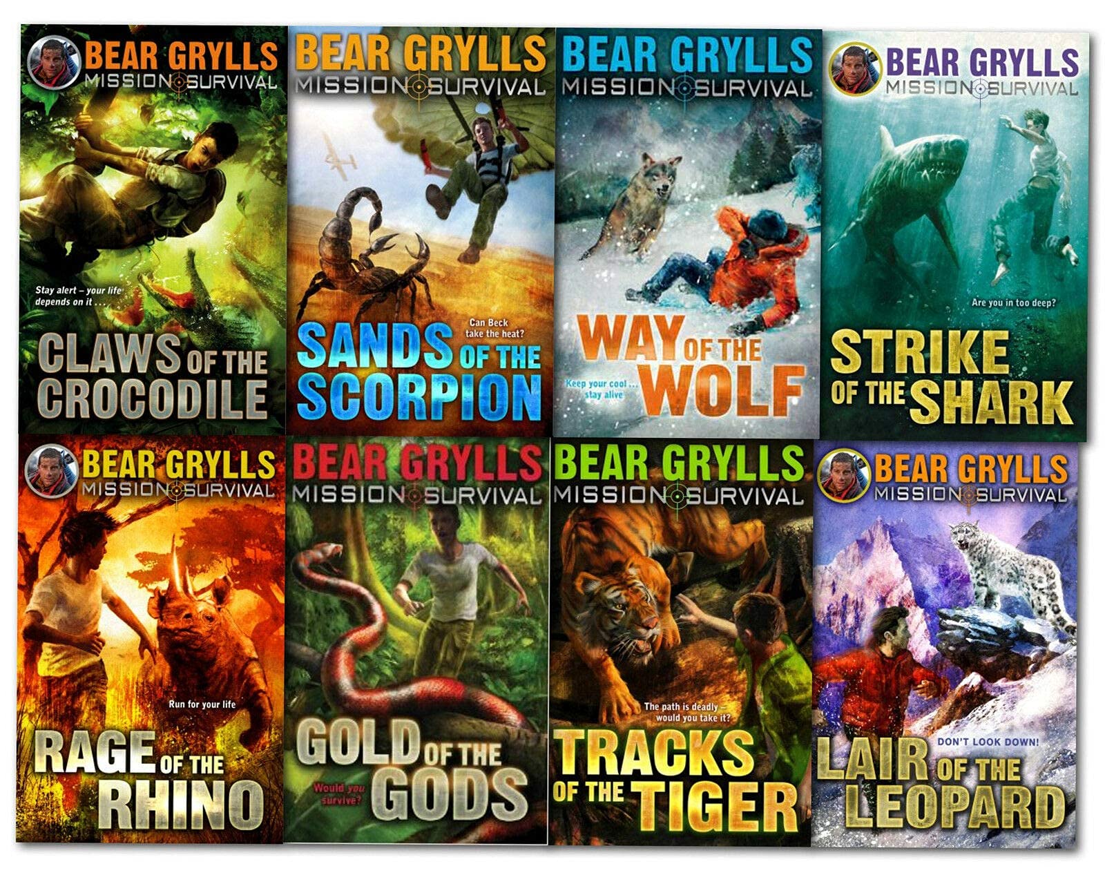 Full set of 8 Mission Survival paperback books by Bear Grylls fanned out showing all titles