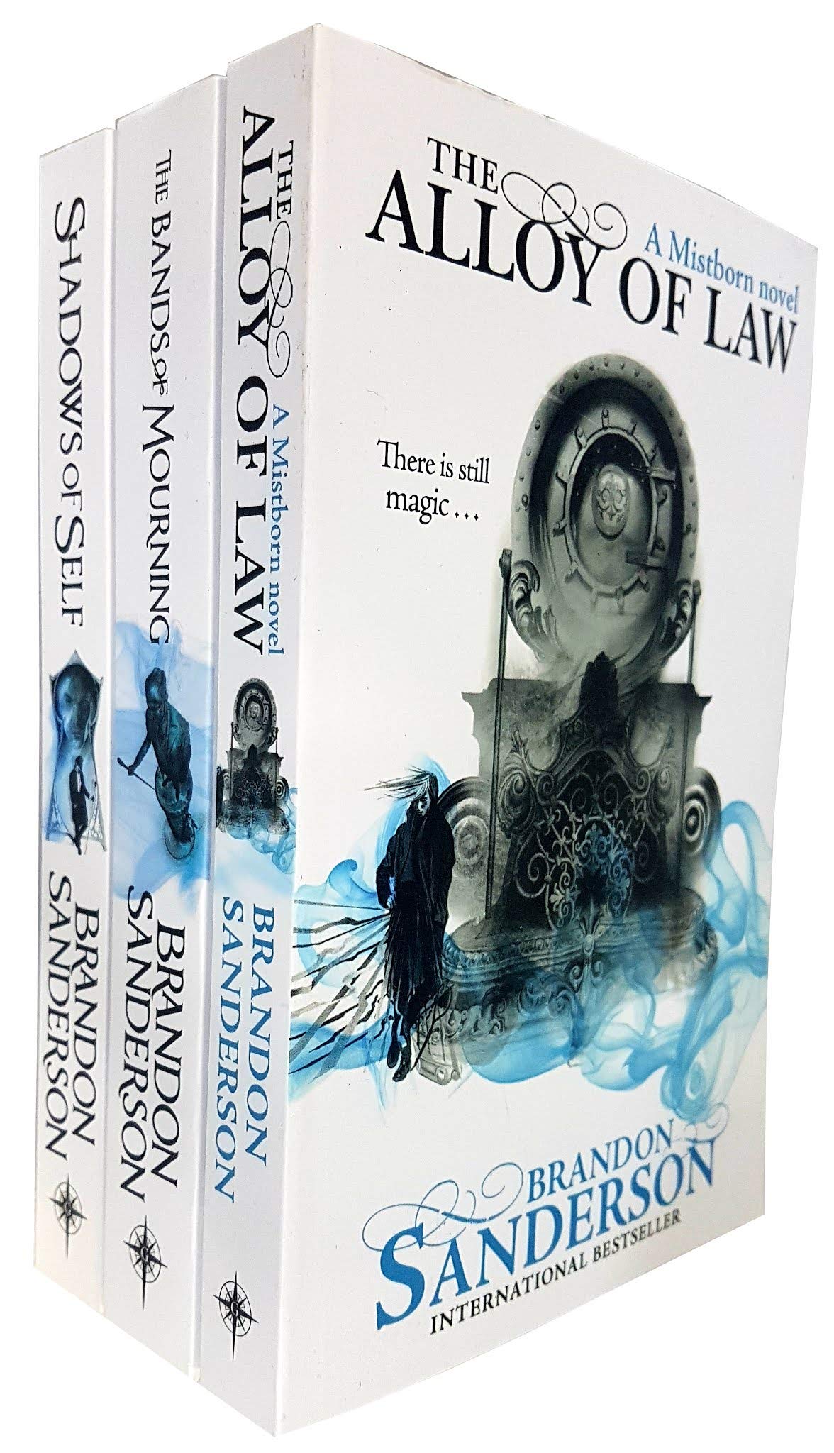 Mistborn 3 Books Collection Set by Brandon Sanderson paperback front covers, Shadows of Self, The Alloy of Law, The Bands of Mourning