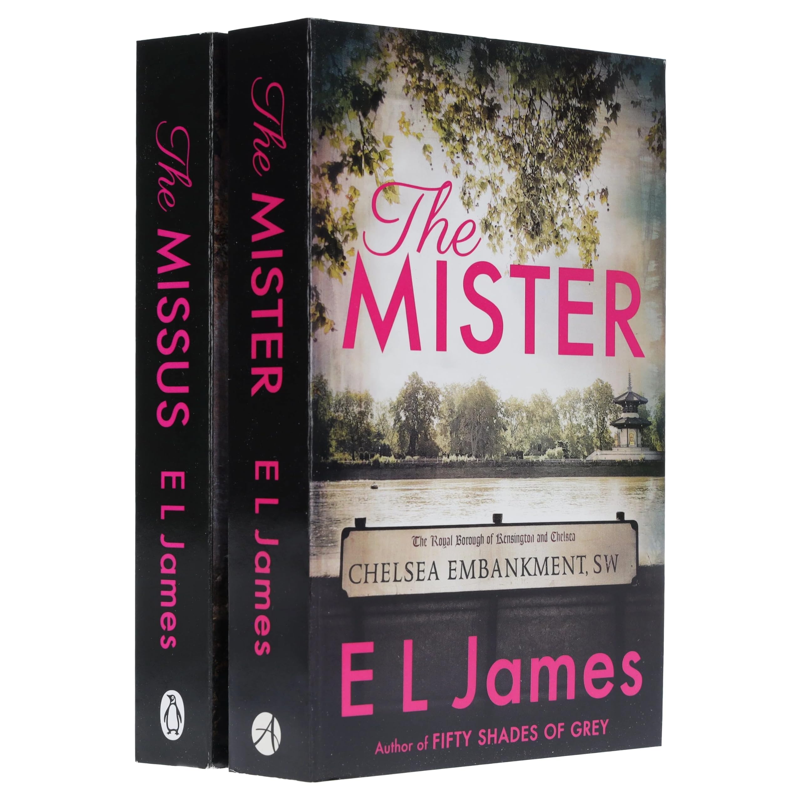 The Mister and The Missus paperback books by E L James shown together