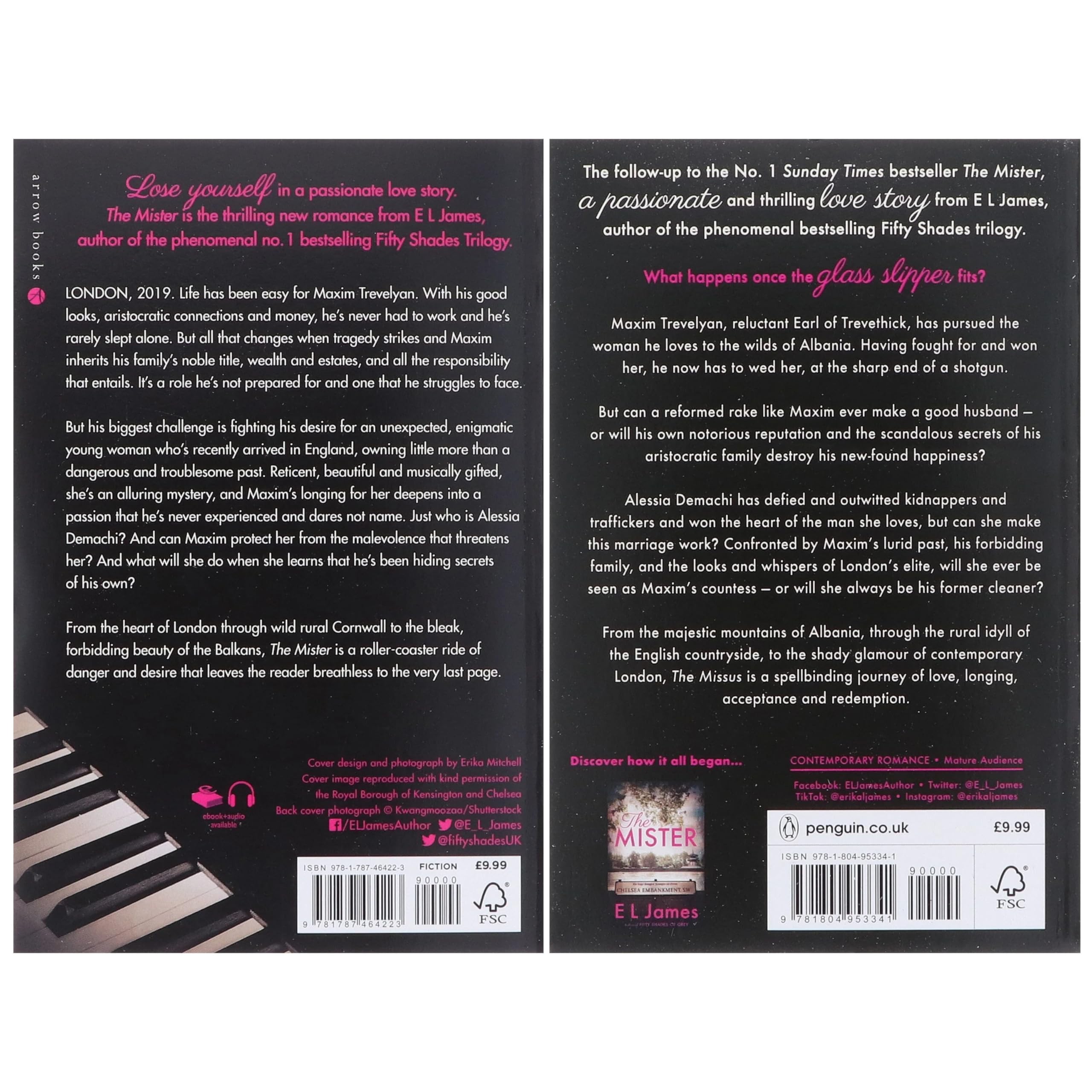 Close-up of The Mister and The Missus paperback spines by E L James