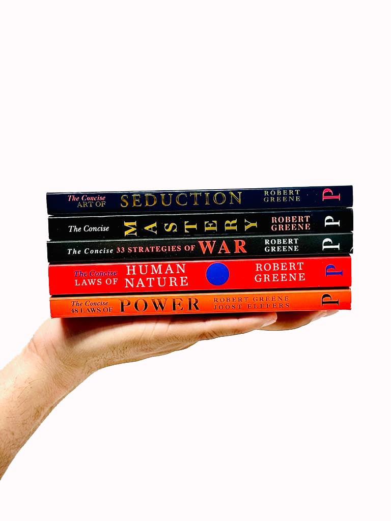 Close-up of the spines of the five Robert Greene Concise paperback books, showing titles including The 48 Laws of Power and Mastery.