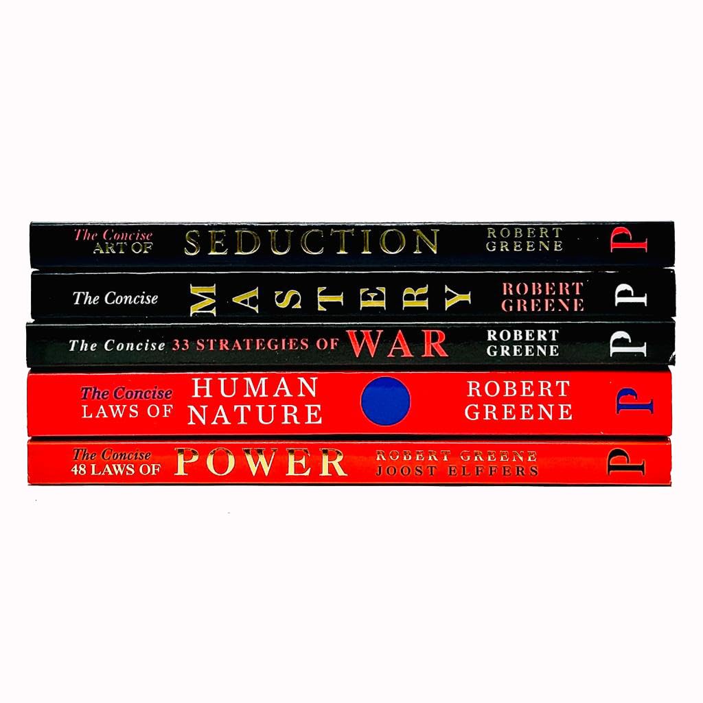 The five-book Modern Machiavellian Series paperback set stacked together, showing the full collection by Robert Greene.