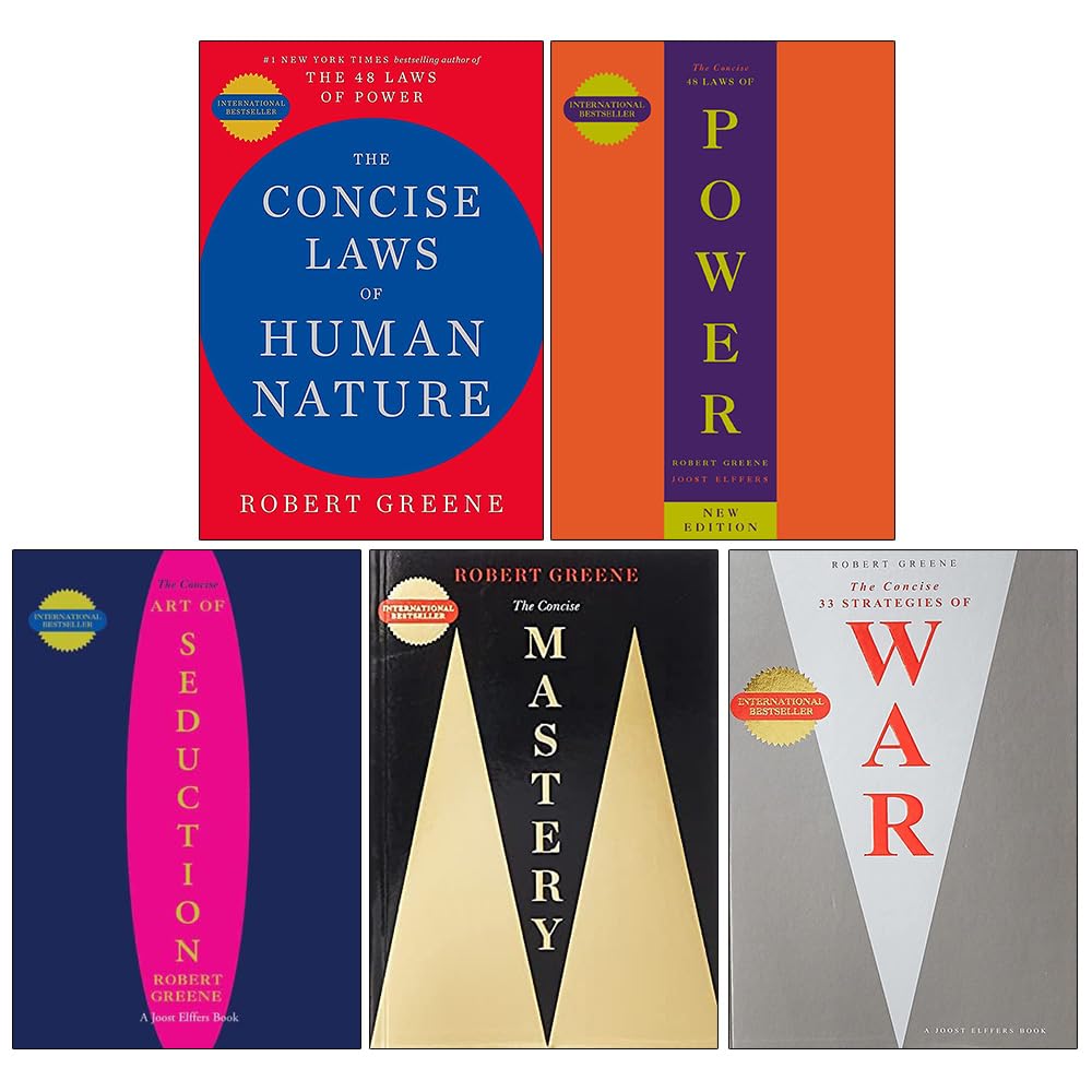 The five Robert Greene paperbacks fanned out to display each cover: Laws of Human Nature, 48 Laws of Power, Art of Seduction, Mastery, and 33 Strategies of War.