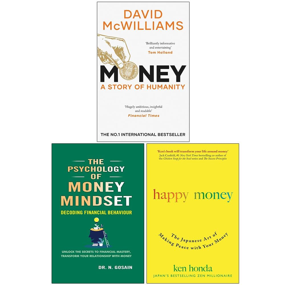 Money 3 Books Collection Set paperback front covers - Money A Story of Humanity, The Psychology of Money Mindset, and Happy Money by Various Authors