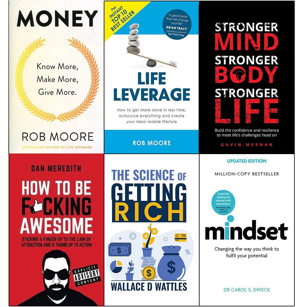 Front cover view of the Money Mindset and Life Leverage 6-book paperback collection set by Rob Moore, Carol Dweck, and various authors.