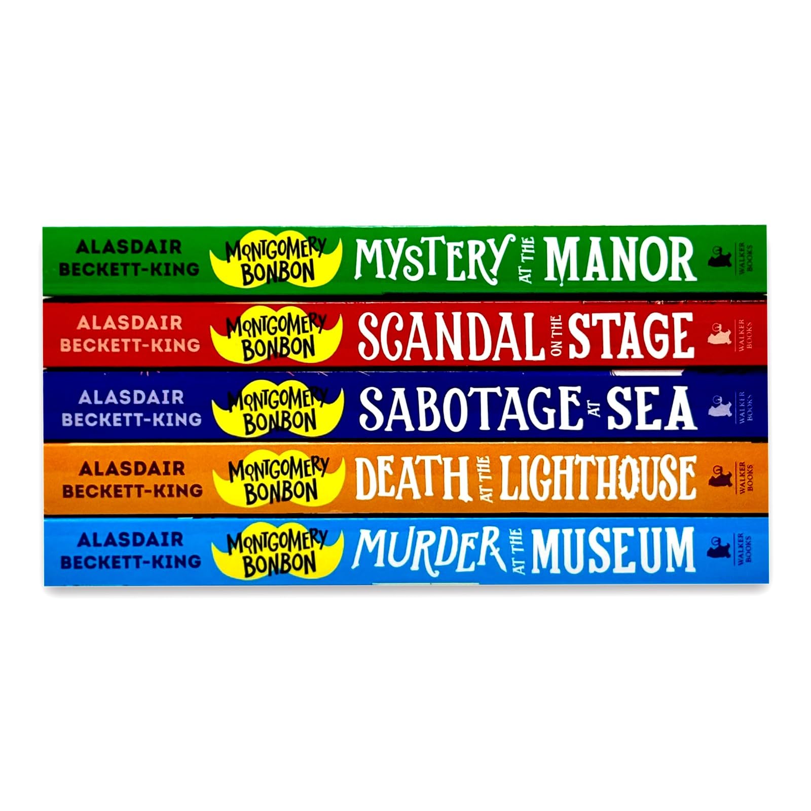 Montgomery Bonbon paperback set - all 5 books fanned out showing Murder at the Museum, Death at the Lighthouse, Mystery at the Manor, Sabotage at Sea and Scandal on the Stage covers