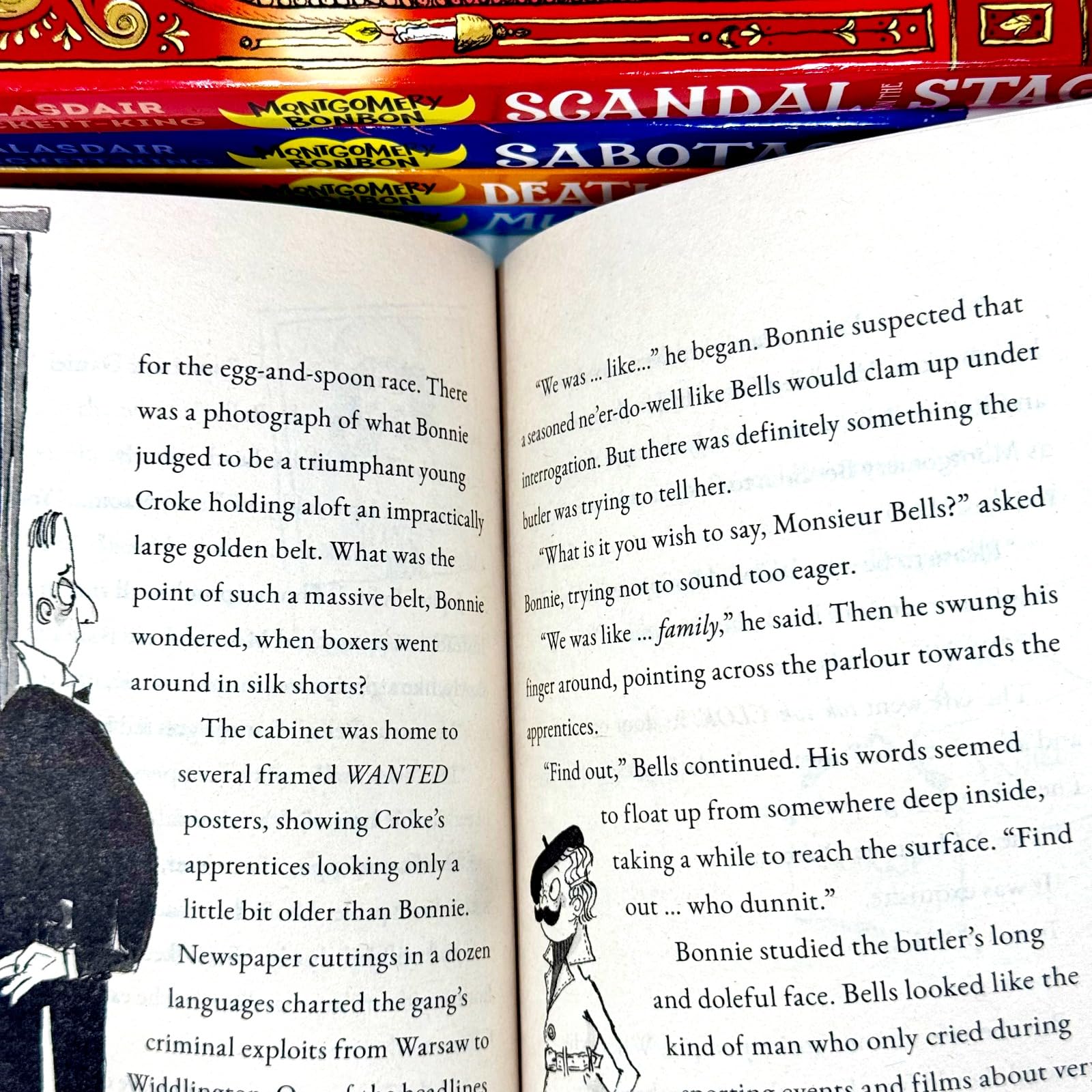 Close-up of Montgomery Bonbon book covers highlighting illustrated detective character art for ages 9-12