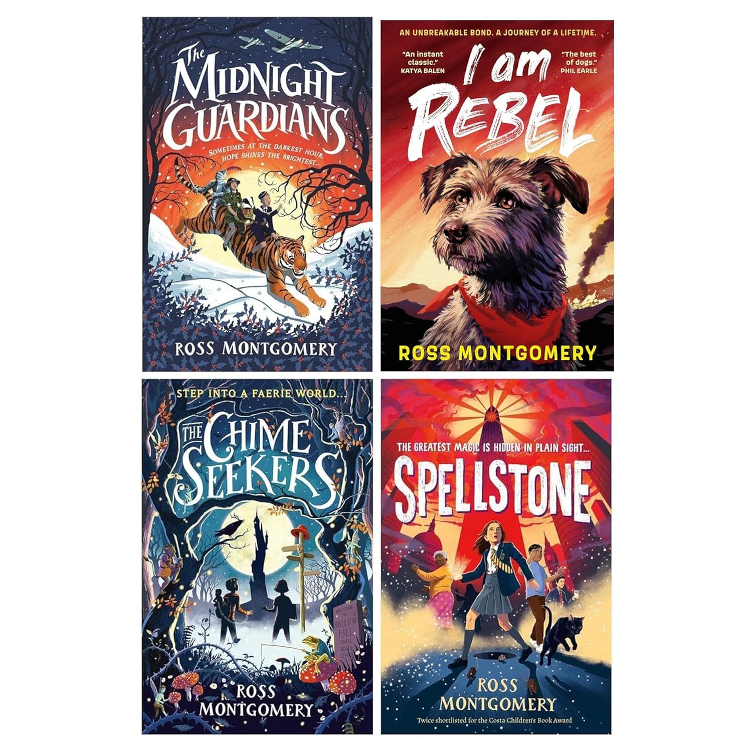 Montgomery Collection by Ross Montgomery 4 book paperback set front cover, featuring The Midnight Guardians, The Chime Seekers, Spellstone, and I Am Rebel