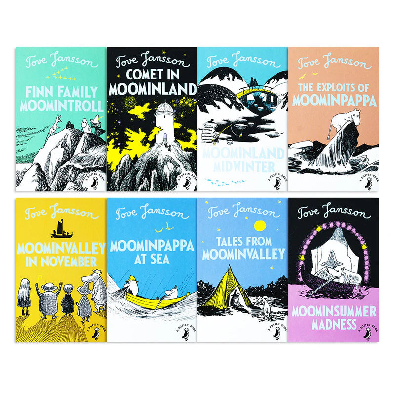 All 8 Moomin paperback books fanned out showing individual covers in the set