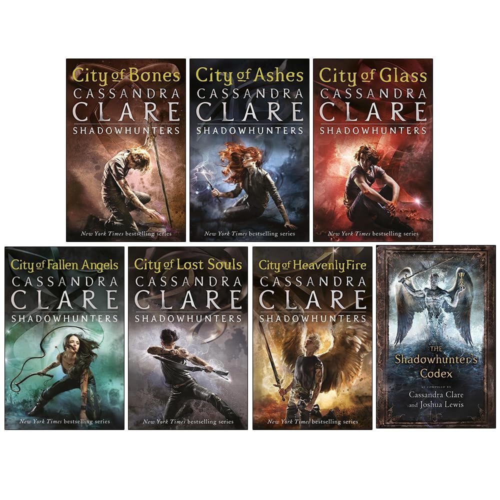 Mortal Instruments 7 book paperback set back cover with series summary