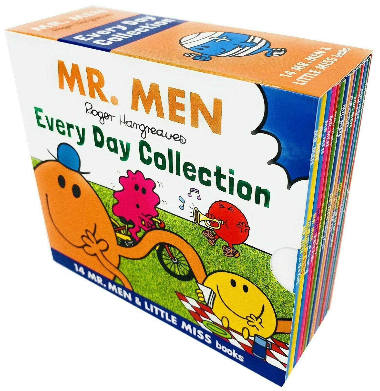 Mr Men and Little Miss 28 book paperback set fanned out showing Christmas and Everyday titles