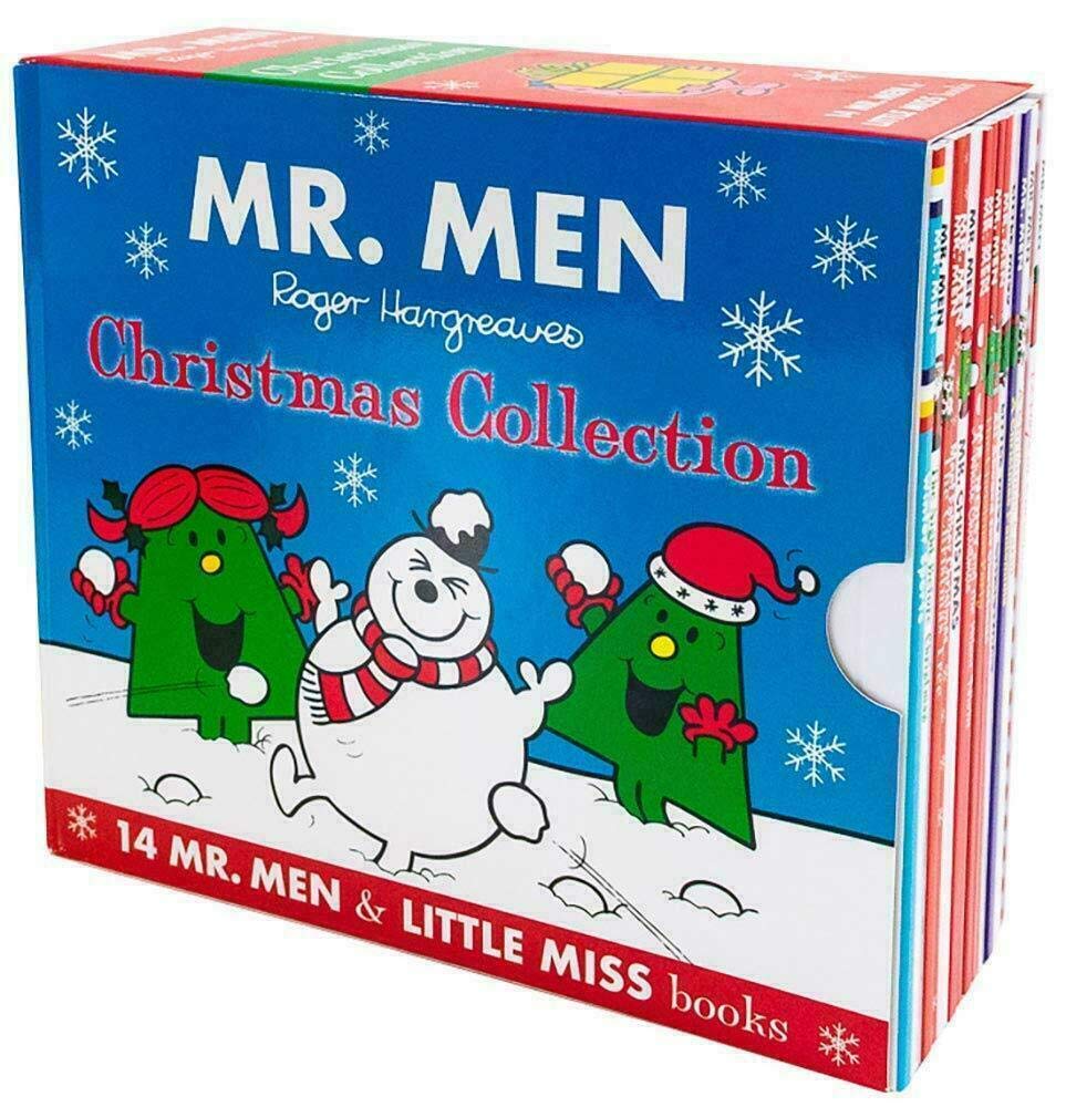 Close-up of Mr Men and Little Miss paperback book spines and slipcase for ages 3-7 collection
