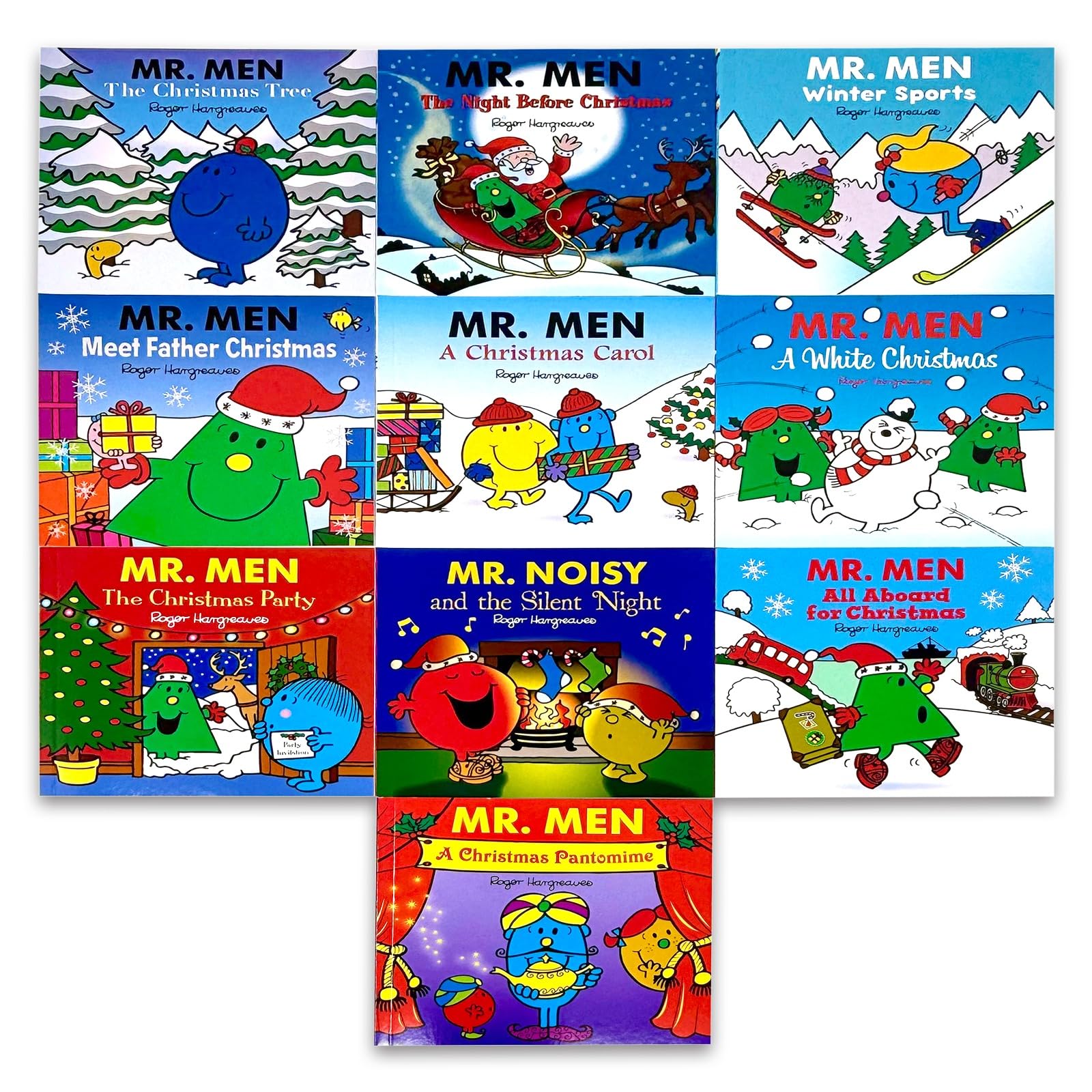 Mr. Men Christmas Collection - close-up of Roger Hargreaves' colorful Mr. Men character illustrations