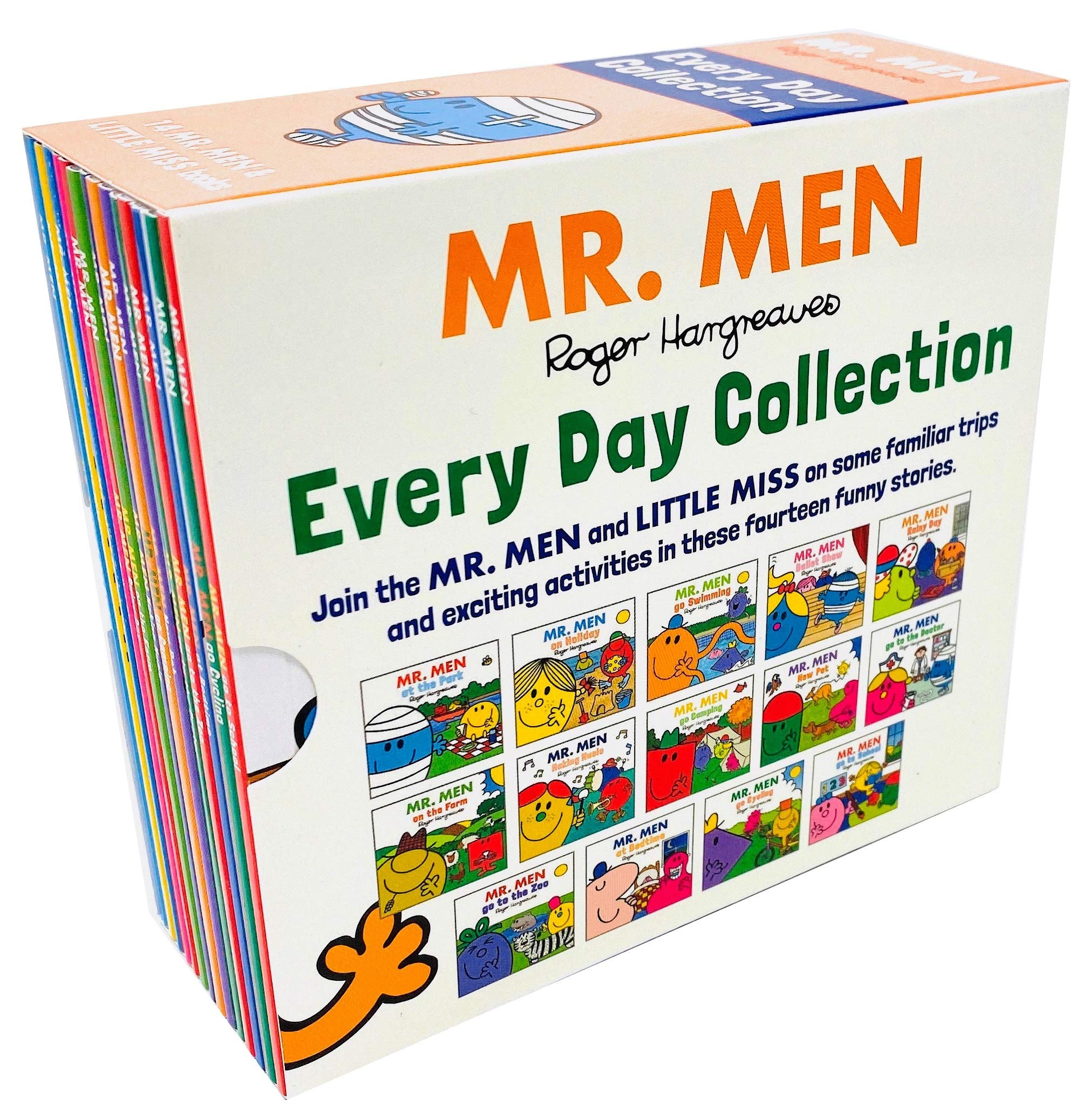 All 14 Mr Men and Little Miss Everyday Collection paperback books fanned out showing individual titles