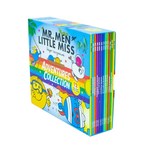 All 12 Mr. Men & Little Miss Adventures paperback books fanned out showing colorful covers
