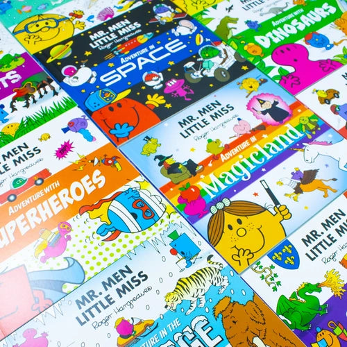 Stack of Mr. Men & Little Miss Adventures paperback books showing compact book size