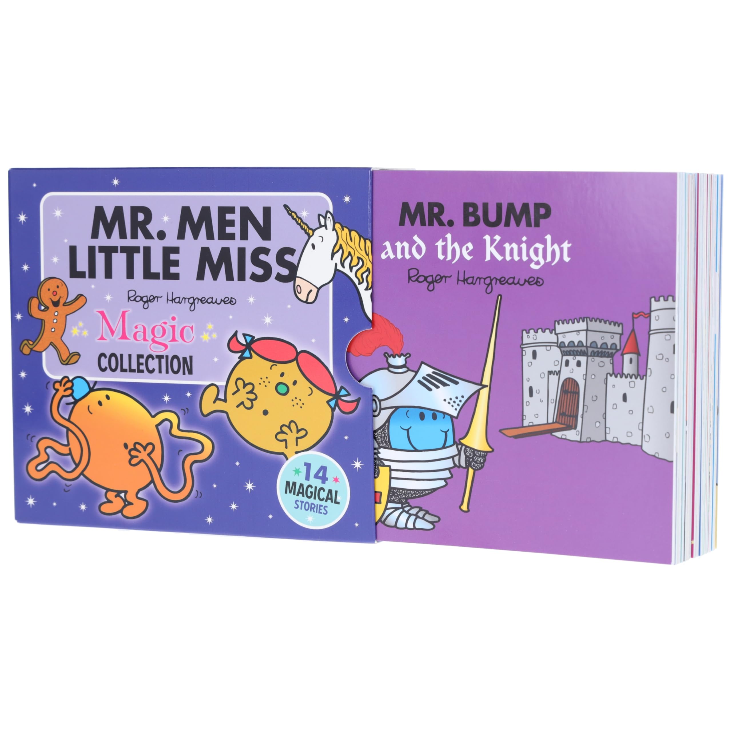 Mr. Men Little Miss Magic Collection full 14-book set fanned out showing individual paperback covers including Mr. Tickle and the Dragon and Little Miss Sunshine and the Three Bears