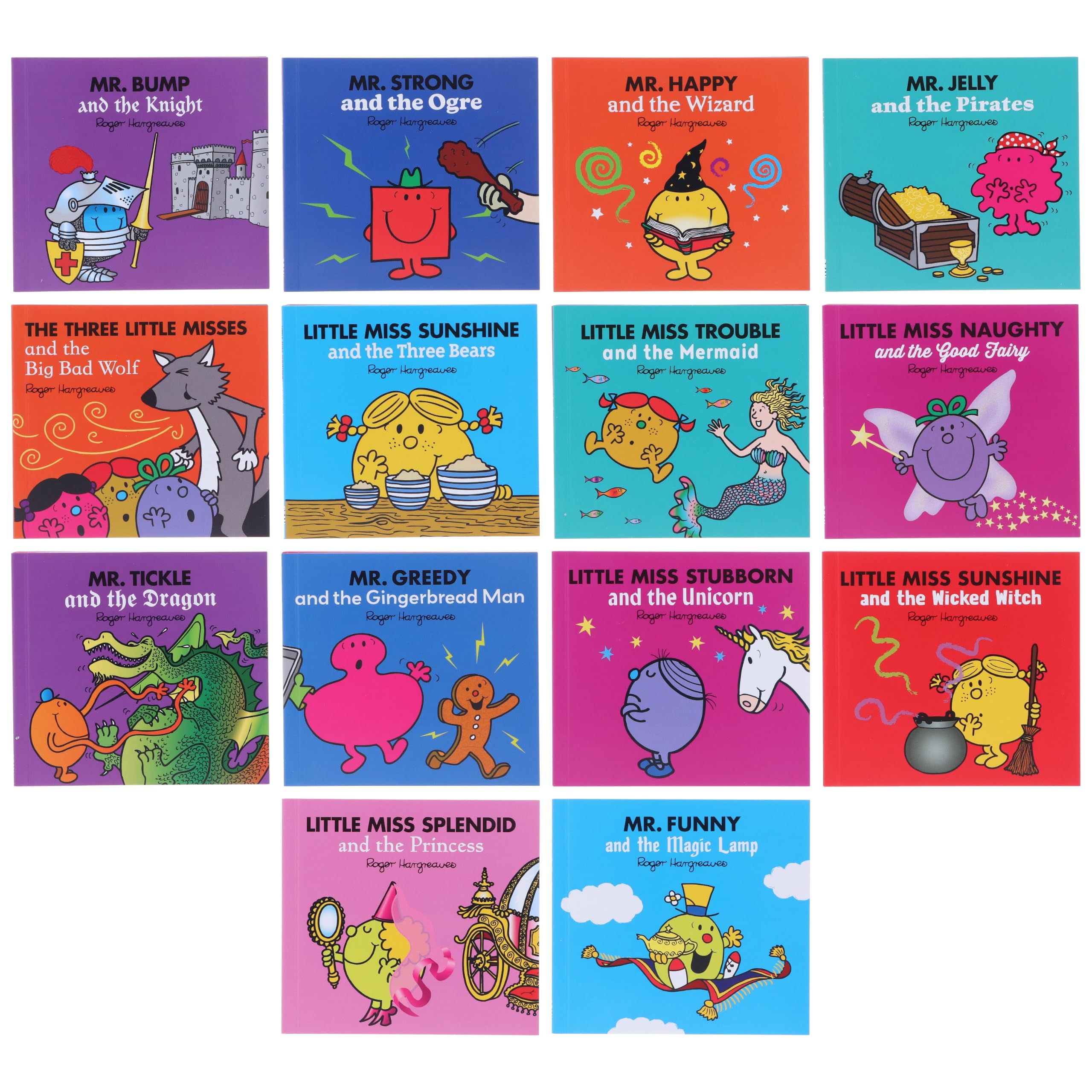 Close-up of several Mr. Men Little Miss Magic paperback book covers featuring characters like Mr. Strong and the Ogre and Little Miss Stubborn and the Unicorn