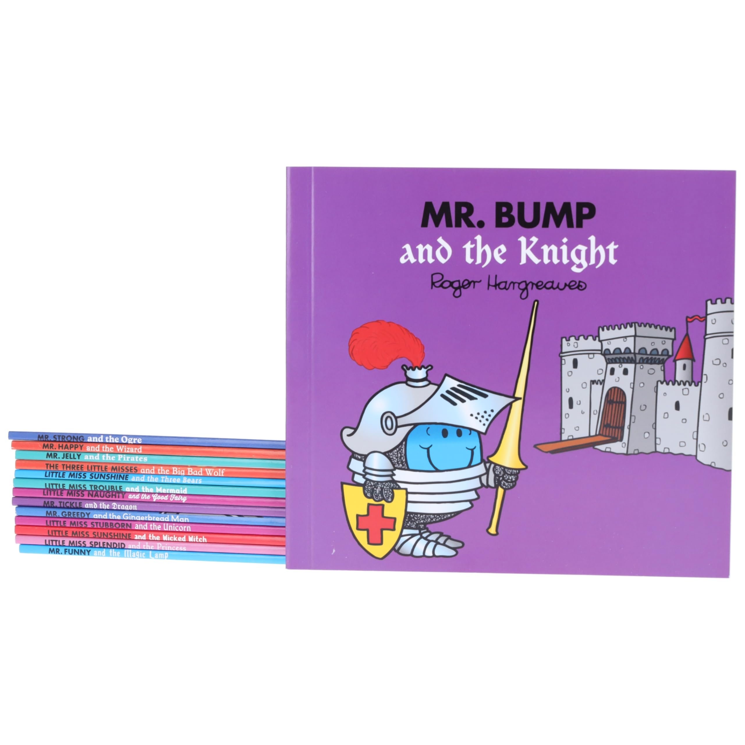 Stack of Mr. Men Little Miss Magic Collection paperback books by Roger Hargreaves displaying colorful spines