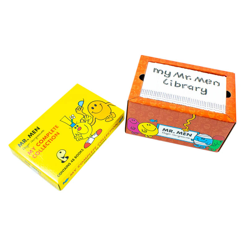 Stack of Mr. Men paperback books showing spines with character names and colors.