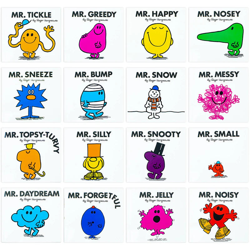 Mr. Men books arranged in rows displaying multiple character covers side by side.