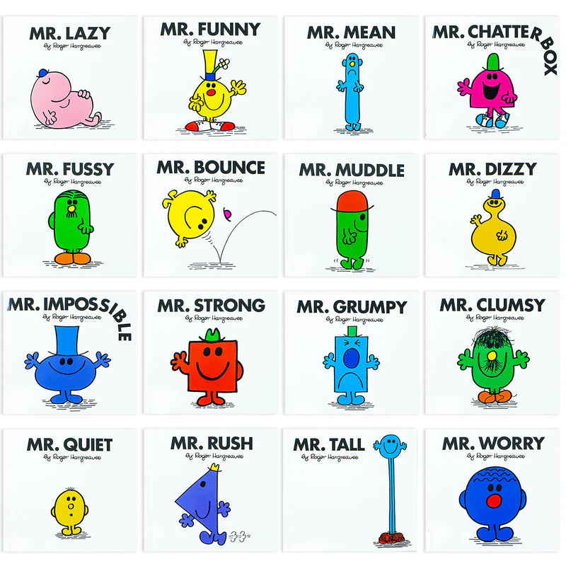 Close-up of individual Mr. Men paperback covers including Mr. Tickle and Mr. Bump.