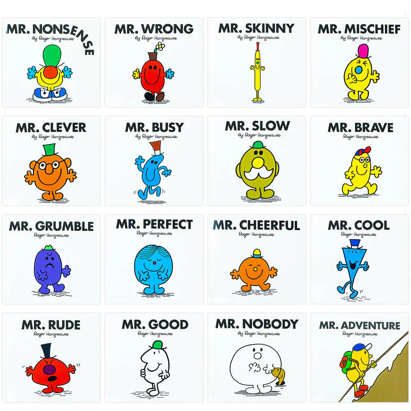 Mr. Men book set displayed alongside the box set packaging on a shelf.