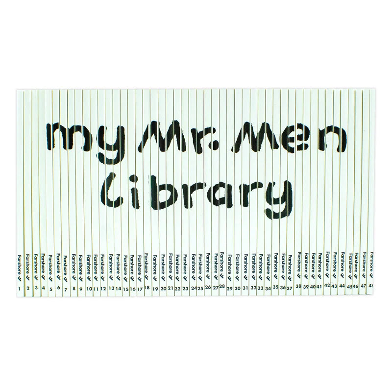 Mr. Men books stacked and organized showing the range of character titles.