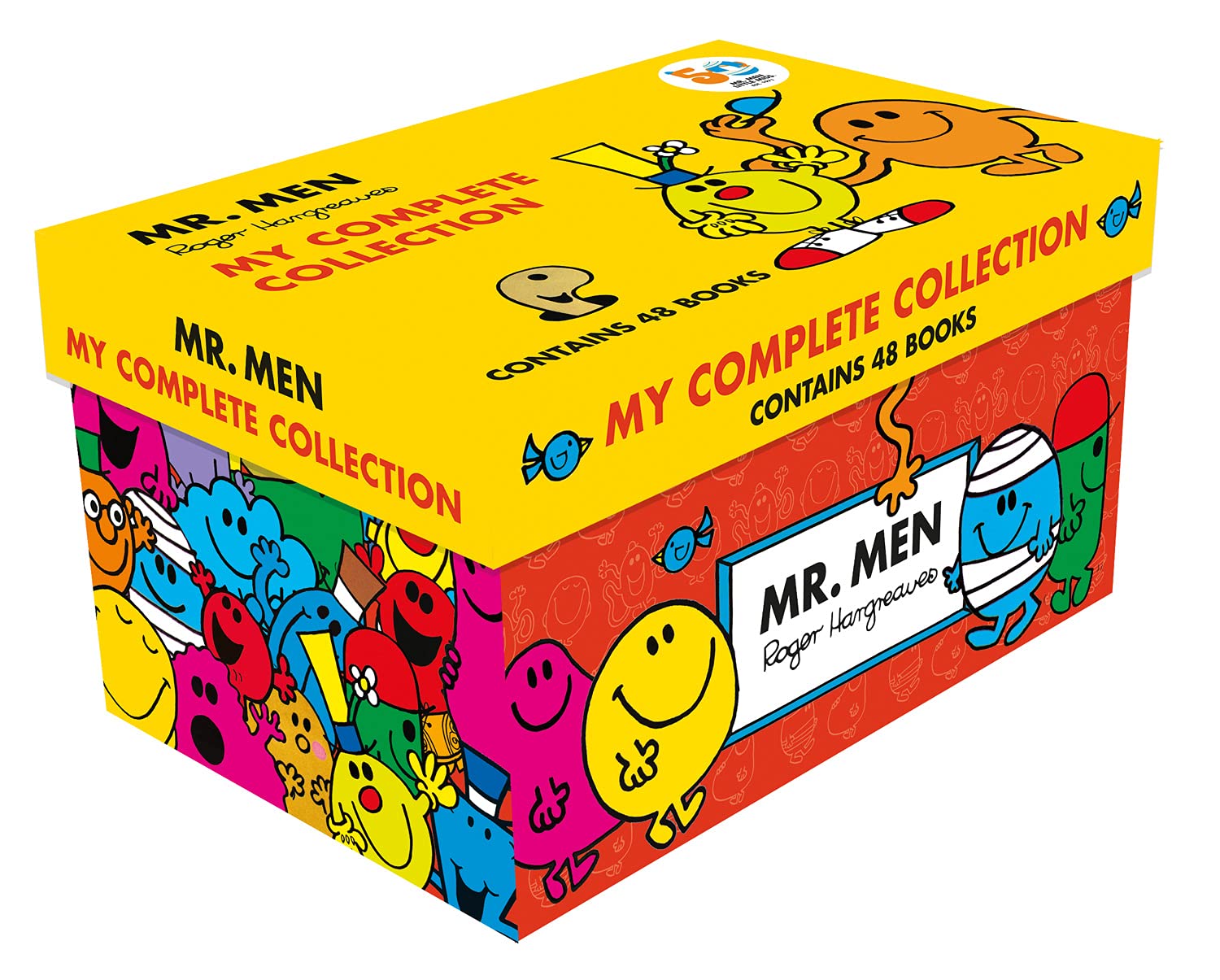 Full set of all 48 Mr. Men paperback books by Roger Hargreaves fanned out showing colorful covers.