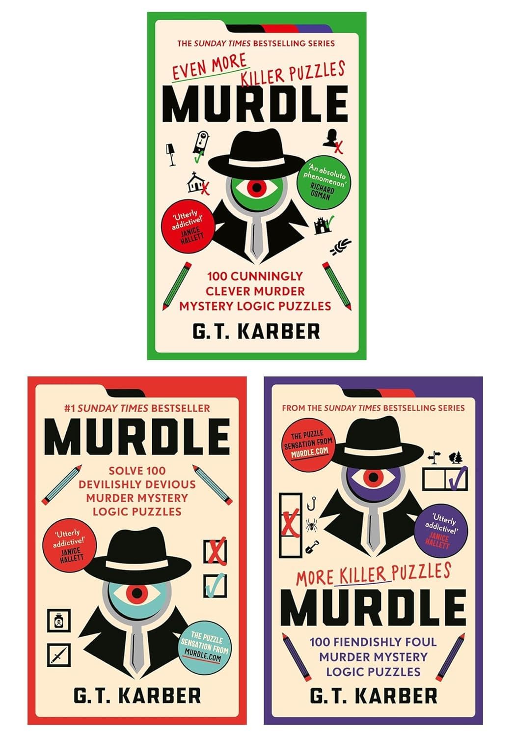 Murdle, Murdle: More Killer Puzzles, and Murdle: Even More Killer Puzzles paperback books fanned out to show all three covers