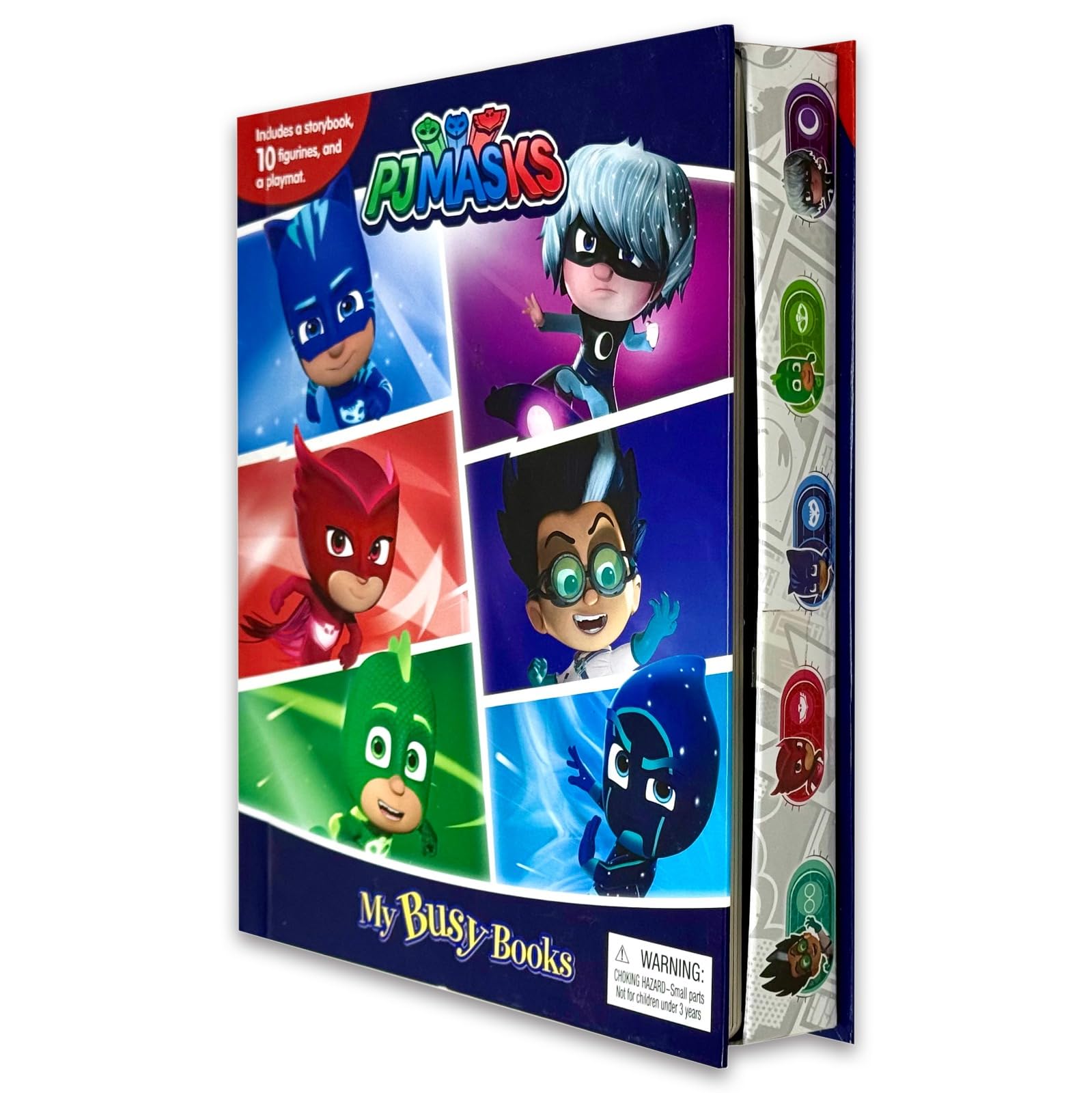 My Busy Books PJ Masks front cover showing Catboy, Gekko, and Owlette board book with playmat and 10 figures