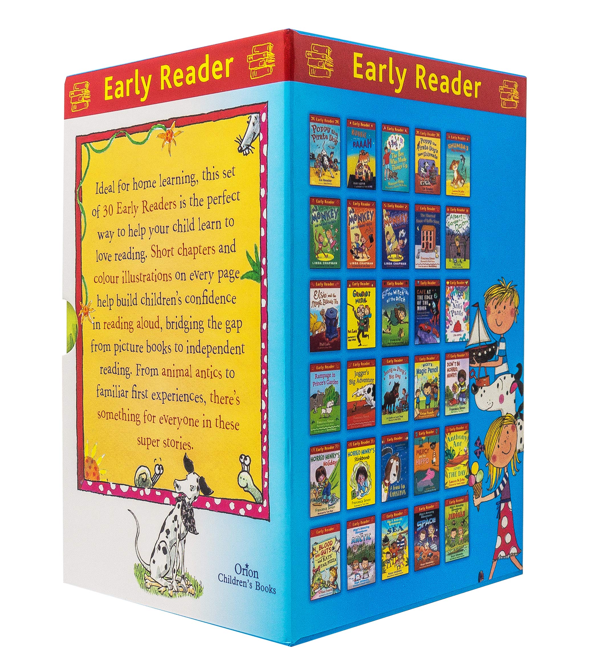 Close-up of individual paperback titles from the My Early Reader Library Collection, including Horrid Henry