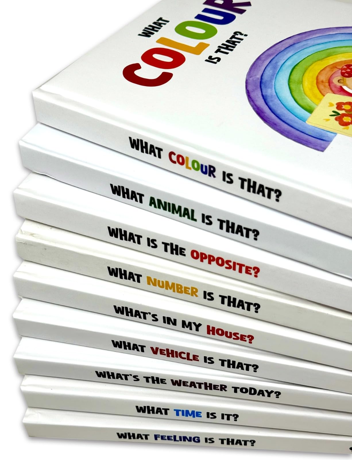 My First Learning 9 Books Collection Set by Moonstone - all nine board books fanned out showing individual covers for vehicles, opposites, and home