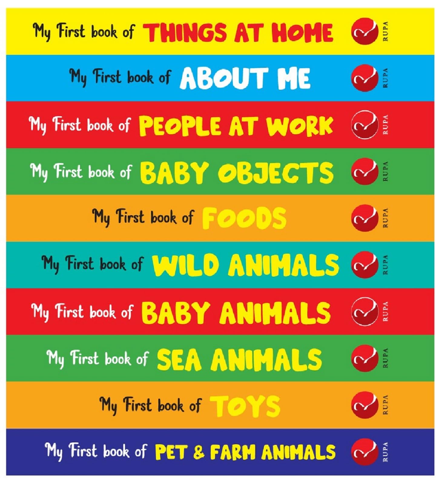 My First Library board book set - back of box showing all 10 titles: Birds, Colours, Transport, Fruits, Flowers, Opposites, Shapes, Numbers, Vegetables, and ABC