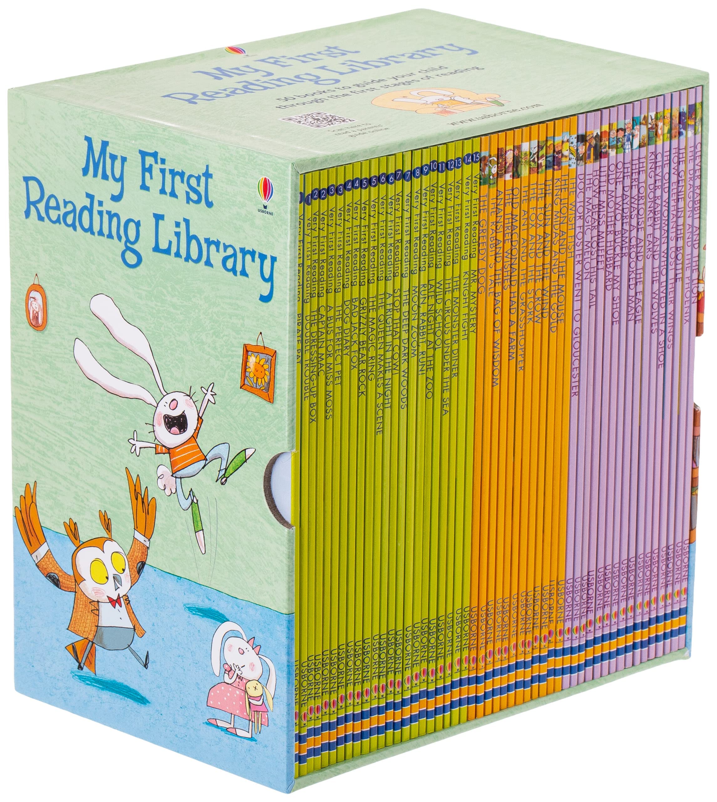My First Reading Library 50-book paperback set fanned out showing individual Usborne early reader titles