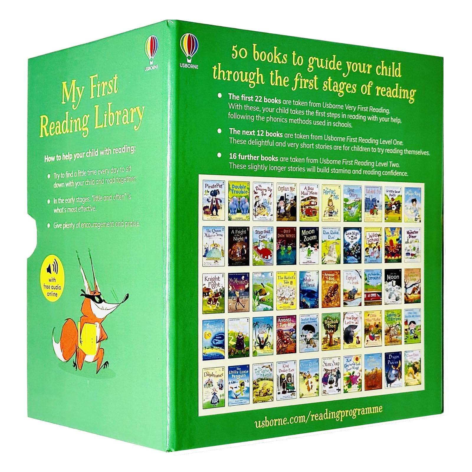 Usborne My First Reading Library 50 Books Collection Set, paperback, ages 4-7 — back of the box set listing all 50 titles included