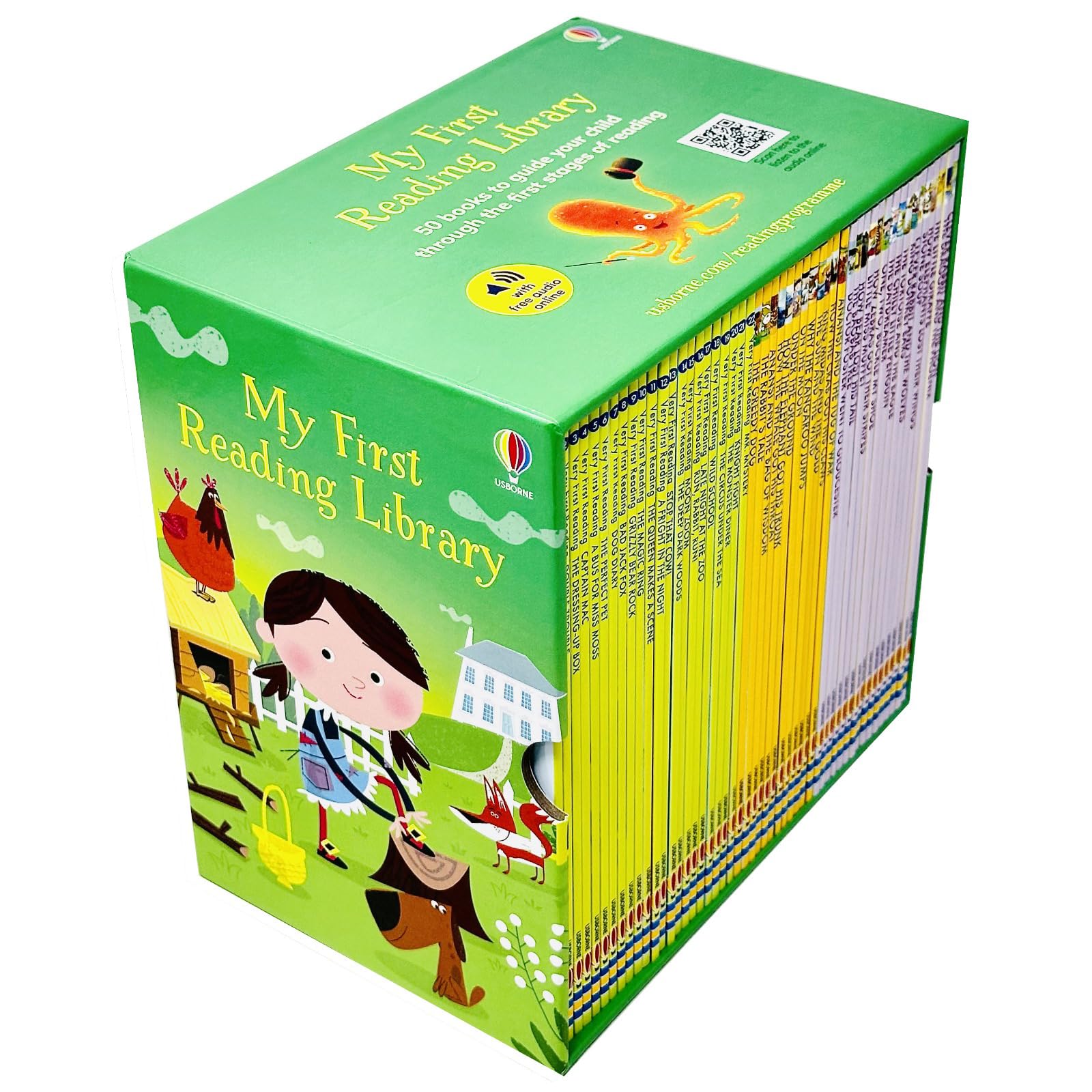 Usborne My First Reading Library 50 Books Collection Set, paperback, ages 4-7 — side view of the box set showing spine and age range