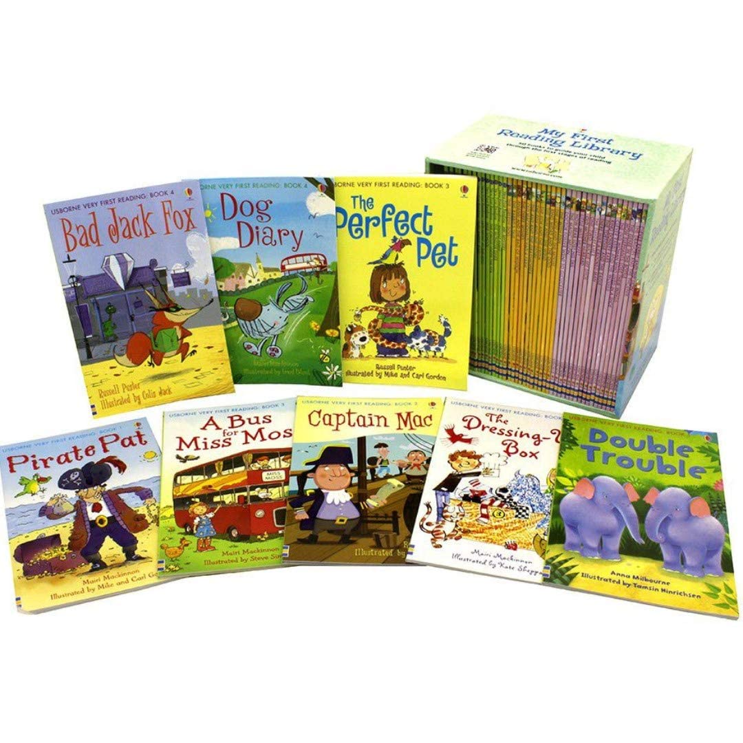 Back of the My First Reading Library 50 Books box showing set contents and age range for ages 3-7