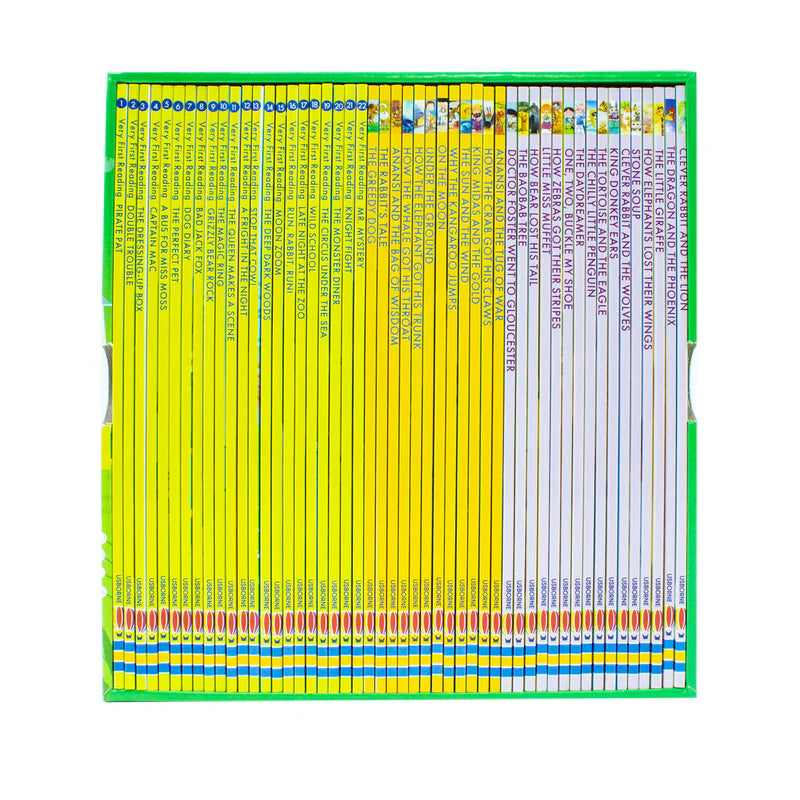 Usborne My First Reading Library 50 Books Collection Set, paperback, ages 4-7 — all 50 paperback books fanned out showing colorful covers
