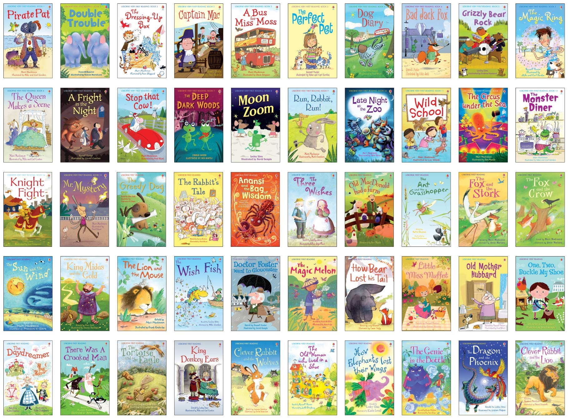 Stacked paperback books from the My First Reading Library set highlighting bright Usborne cover illustrations