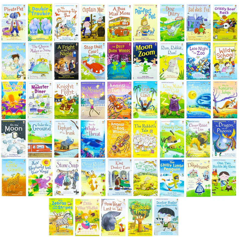 Usborne My First Reading Library 50 Books Collection Set, paperback, ages 4-7 — stack of paperback books from the First Reading Level One and Two titles