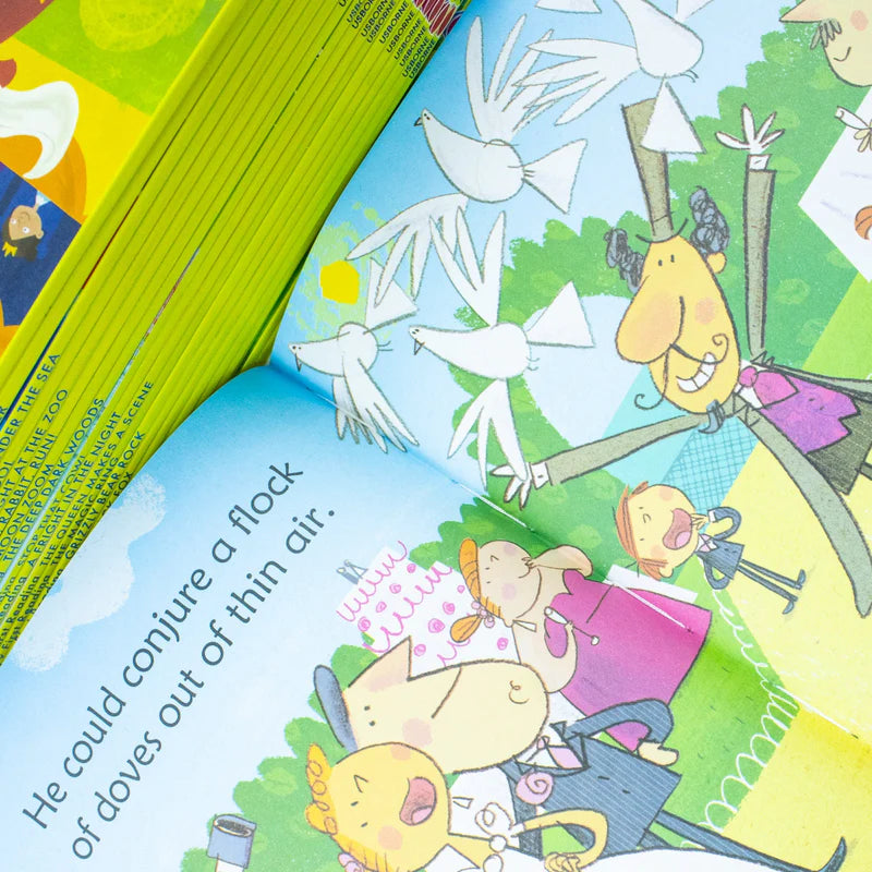 Usborne My First Reading Library 50 Books Collection Set, paperback, ages 4-7 — the storage box with lid open revealing the neatly arranged book set