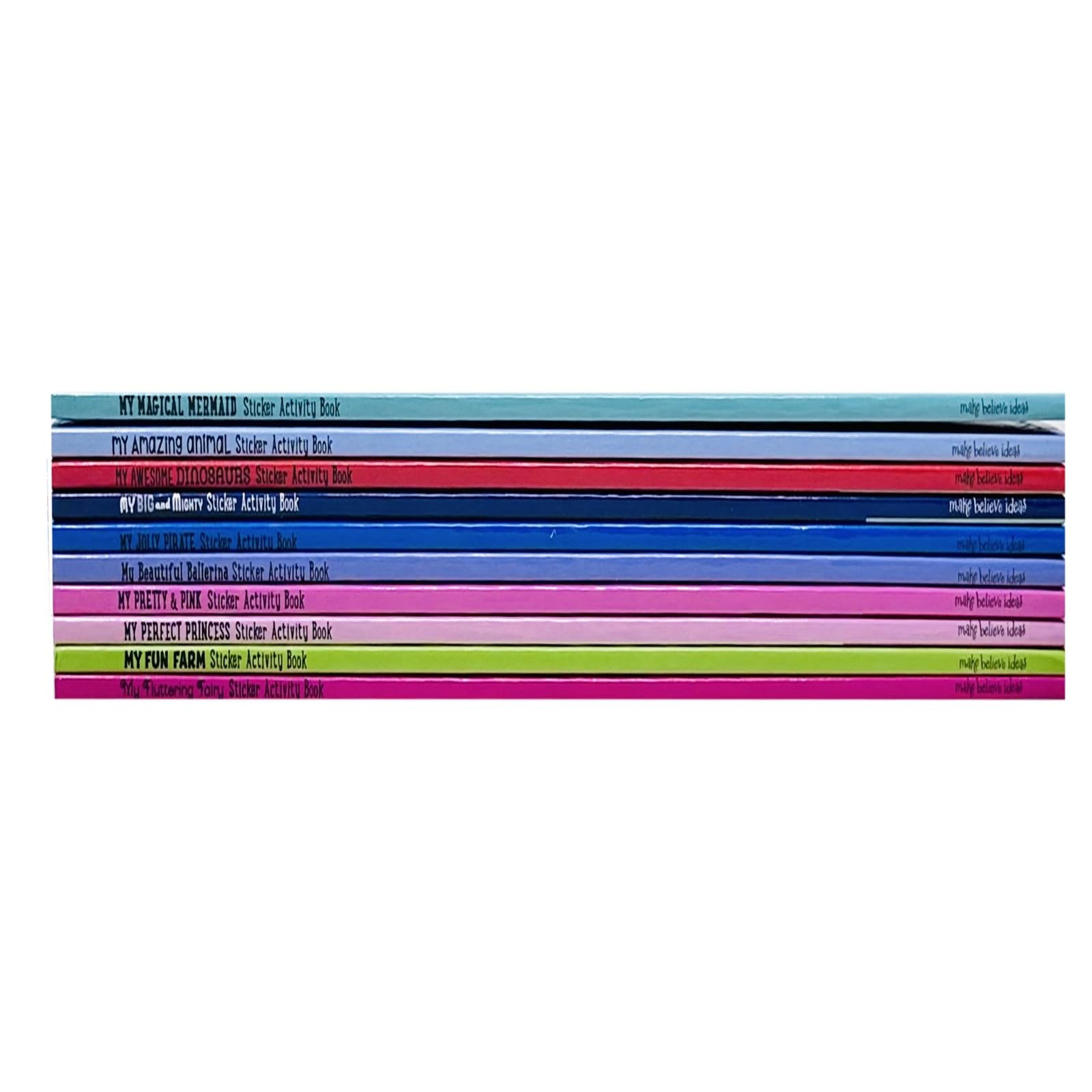 All ten My First Stickers paperback titles fanned out showing Alphabet, Dinosaurs, Ocean Life, and Space covers