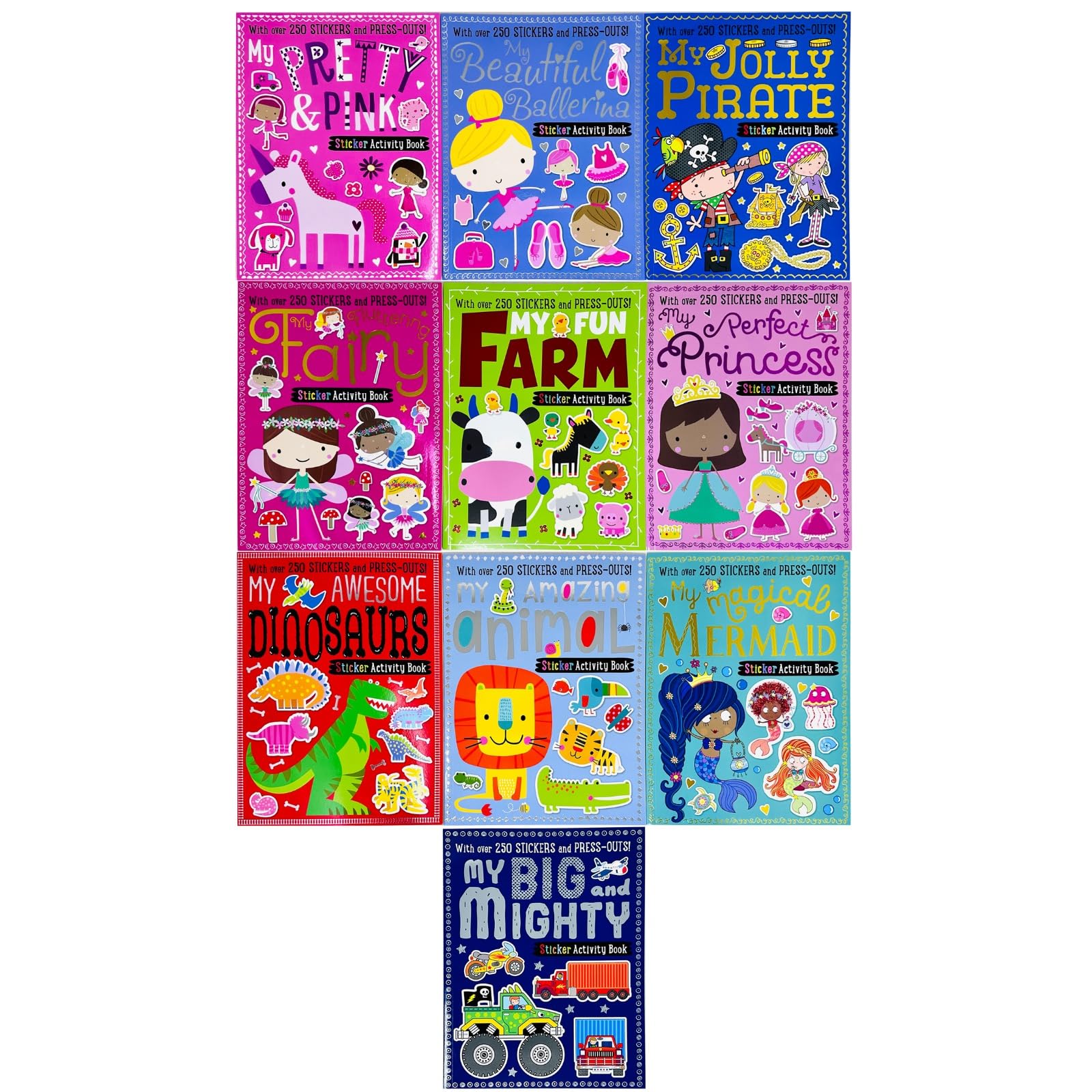 Back cover of the My First Stickers 10 book paperback collection listing all ten titles and set details