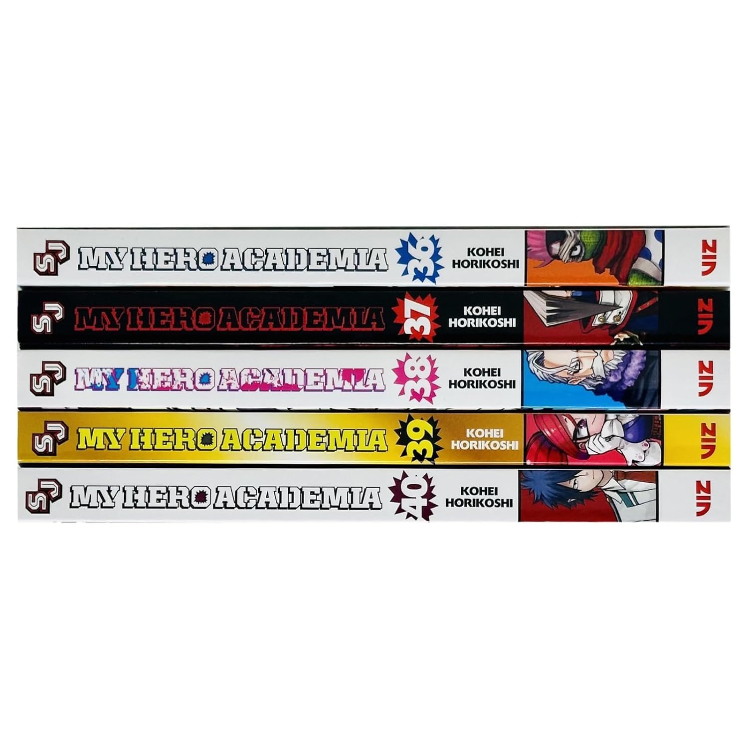 My Hero Academia Vol. 36-40 five paperback volumes fanned out showing spines