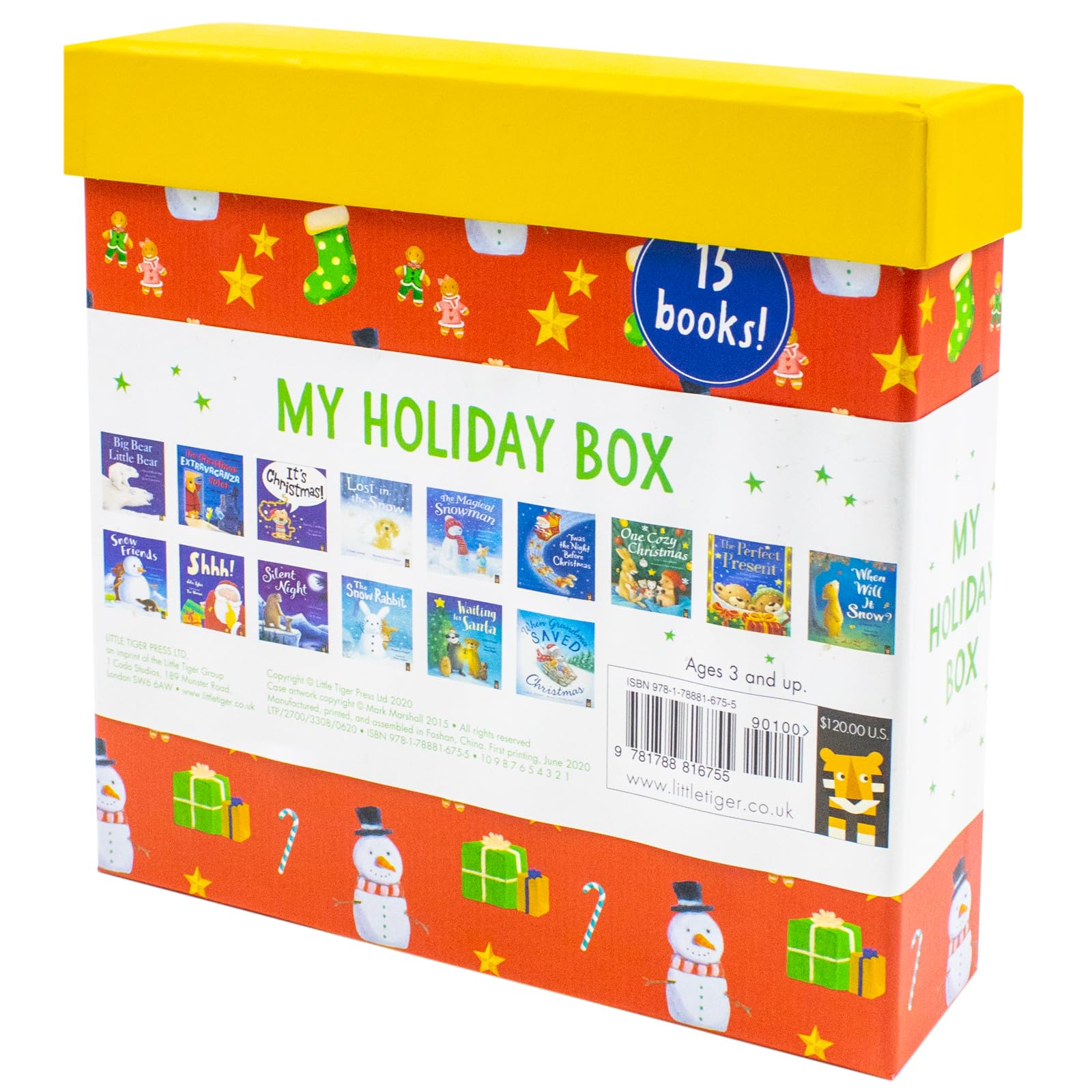 back of the My Holiday Box packaging listing all fifteen book titles in the set