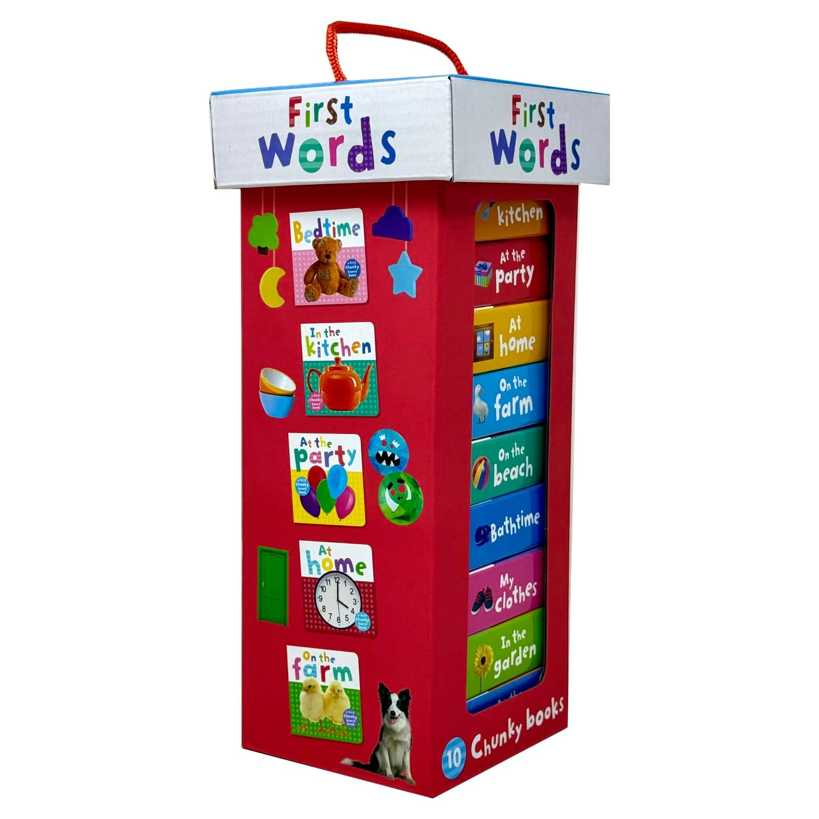 My Little First Words Library ten board books fanned out showing Kitchen Words, Bathtime, and Bedtime titles