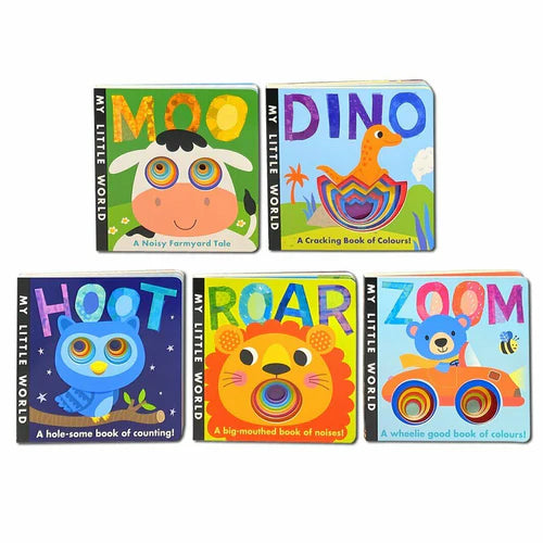 My Little World series board books Dino, Moo, Zoom, Roar, and Hoot fanned out showing colorful cover artwork