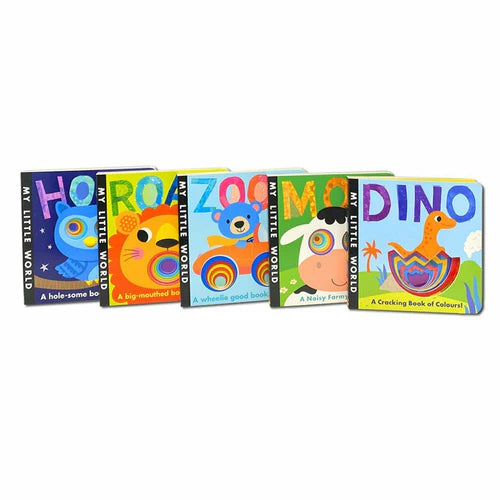 Inside page spread of a My Little World board book showing die-cut finger-holes and rhyming text