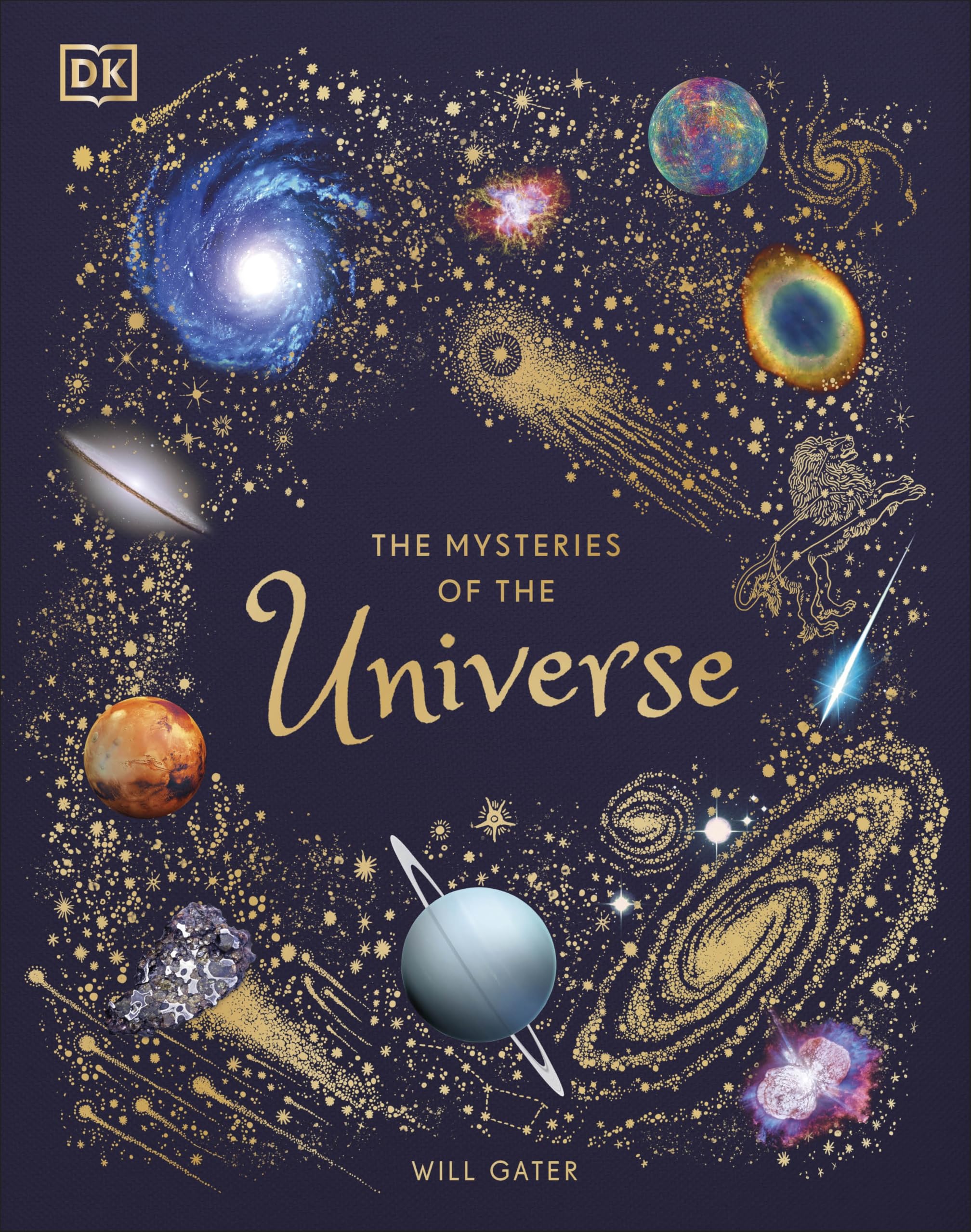 Front cover of The Mysteries of the Universe hardcover by Will Gater, a DK Children's space encyclopedia for kids ages 6-8